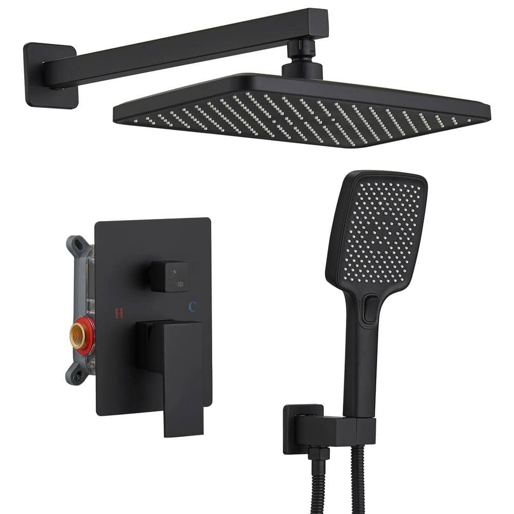 HOMEMYSTIQUE Rainfall 2-Handle 2-Spray 12 in. Square High Pressure Shower Faucet in Matte Black (Valve Included) (1)