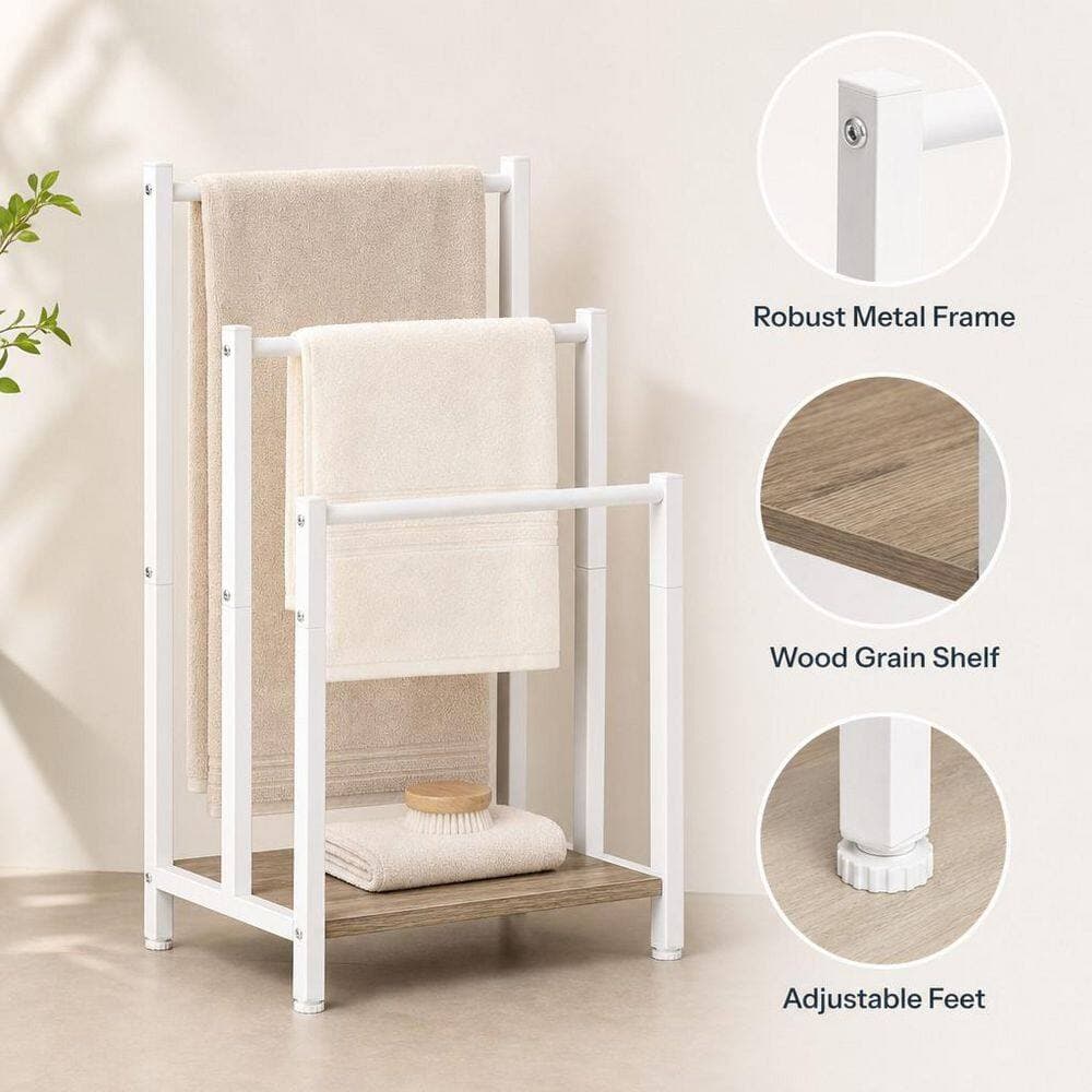 Wudkey Free Standing Towel Rack in White, 3-Bar Blanket Holder for Bathroom, Metal Drying and Display Rack with Shelf (3)