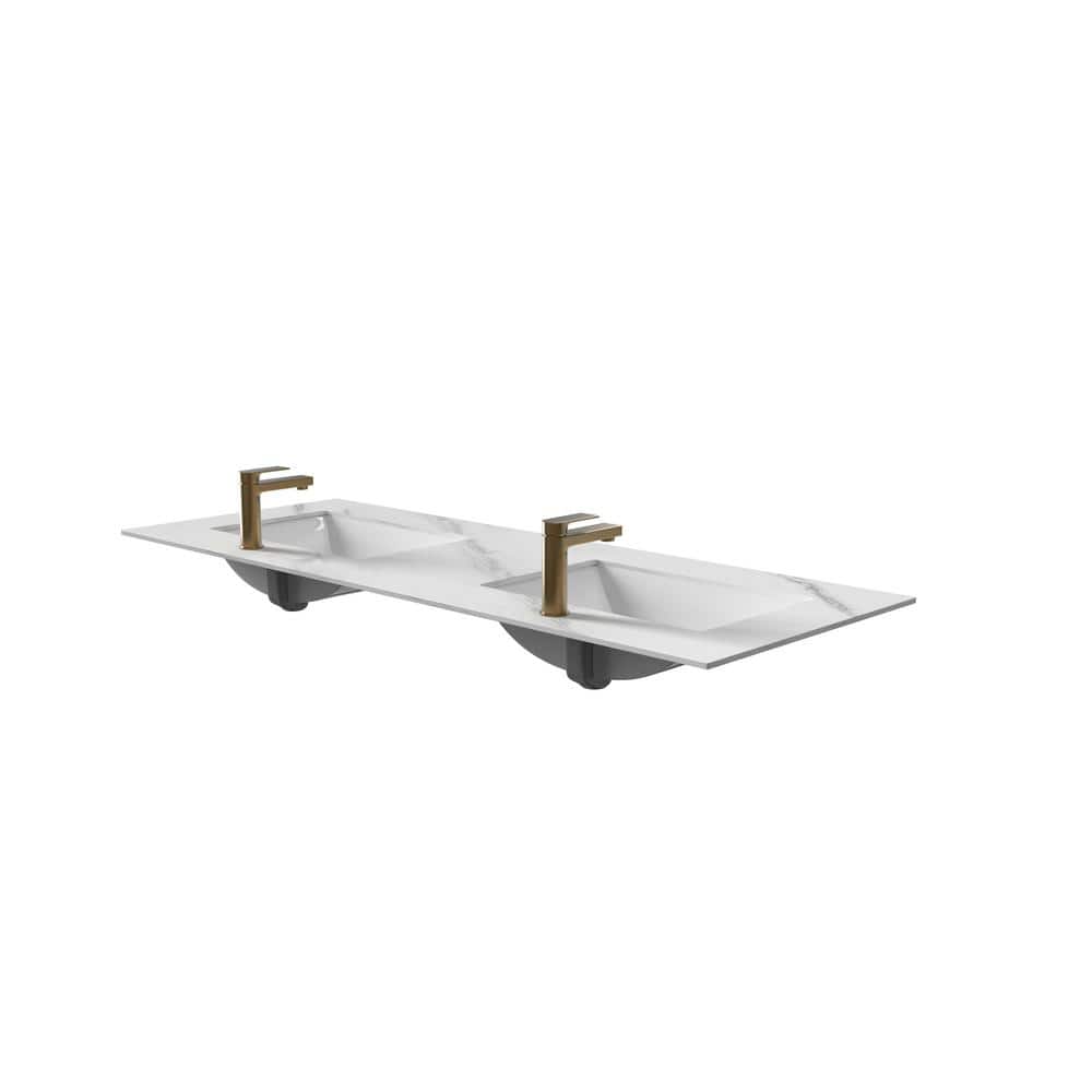 castellousa Monica 60 in. W x 22 in. D Porcelain Vanity Top in Faux White Marble with Double Sink Basin (2)