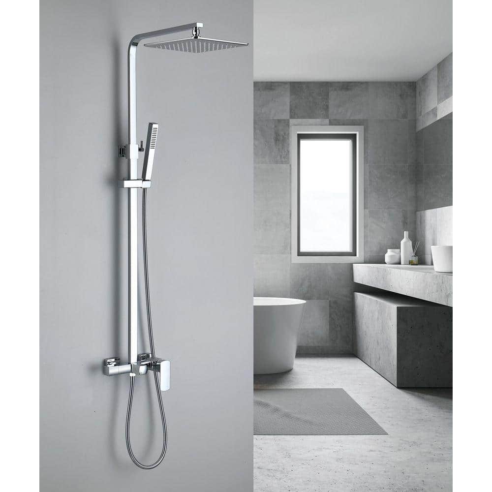 Tomfaucet 3-Spray Wall Bar Shower Kit Exposed Shower Set with Hand Shower and 360° Rotating Tub Faucet in Polished Chrome (2)