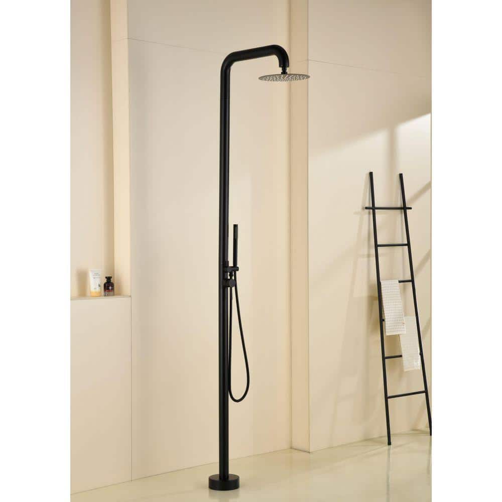 Tomfaucet 2-Handle 2-Spray Outdoor Freestanding Shower Faucet Kit 1.8 GPM Floor Mount Shower Kit w/ Hand Shower in Black (3)