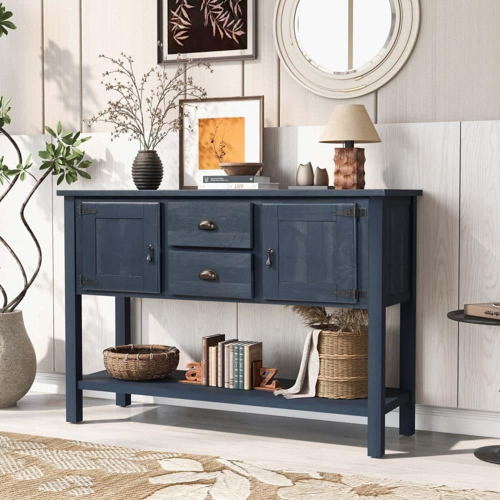 XUJMK 48 in W x 14 in D x 34 in H Linen Cabinet, Wood Sideboard Console Table in Navy Blue with 2 Drawers, Adjustable Shelves (3)