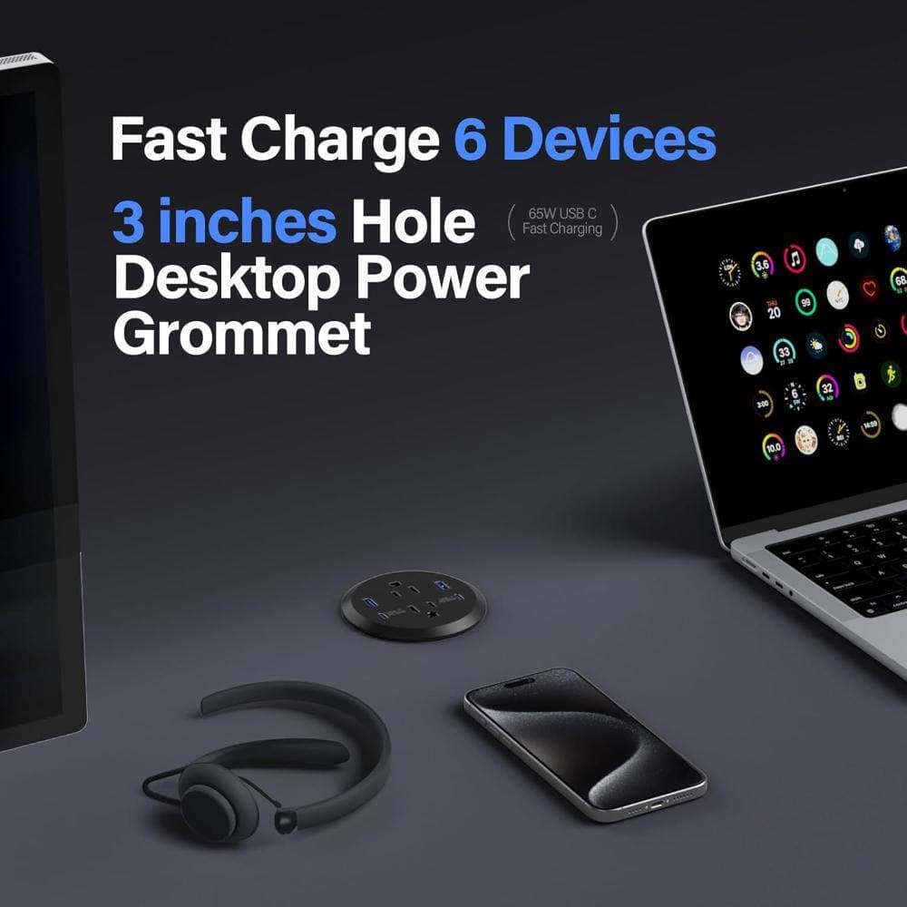 Unbranded Desktop Power Grommet, 65W USB C Fast Charging Port, Flush Mount Recessed Power Strip (Black, 65W USB Port) (3)