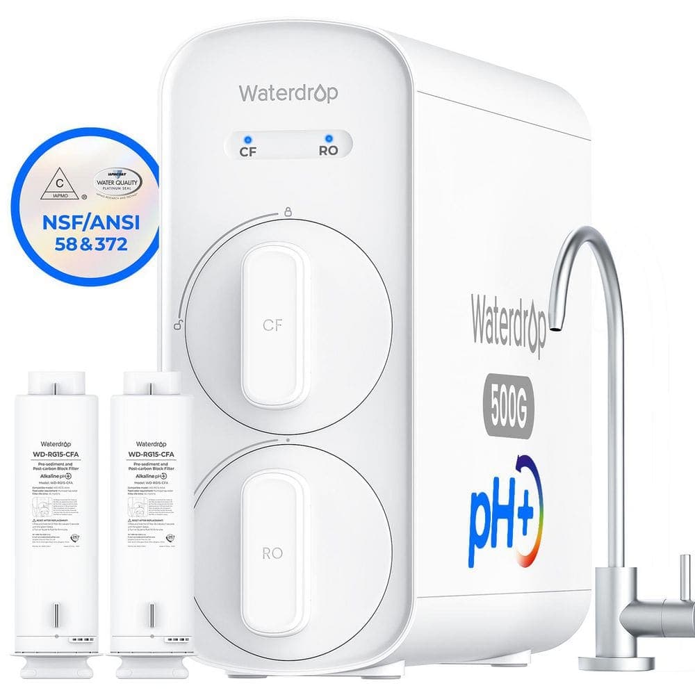 Waterdrop WD G5P500A Alkaline Mineral pH + Reverse Osmosis Water System 8 Stage 2:1 Pure to Drain 500GPD Extra 2 G5P500A-CF Filter