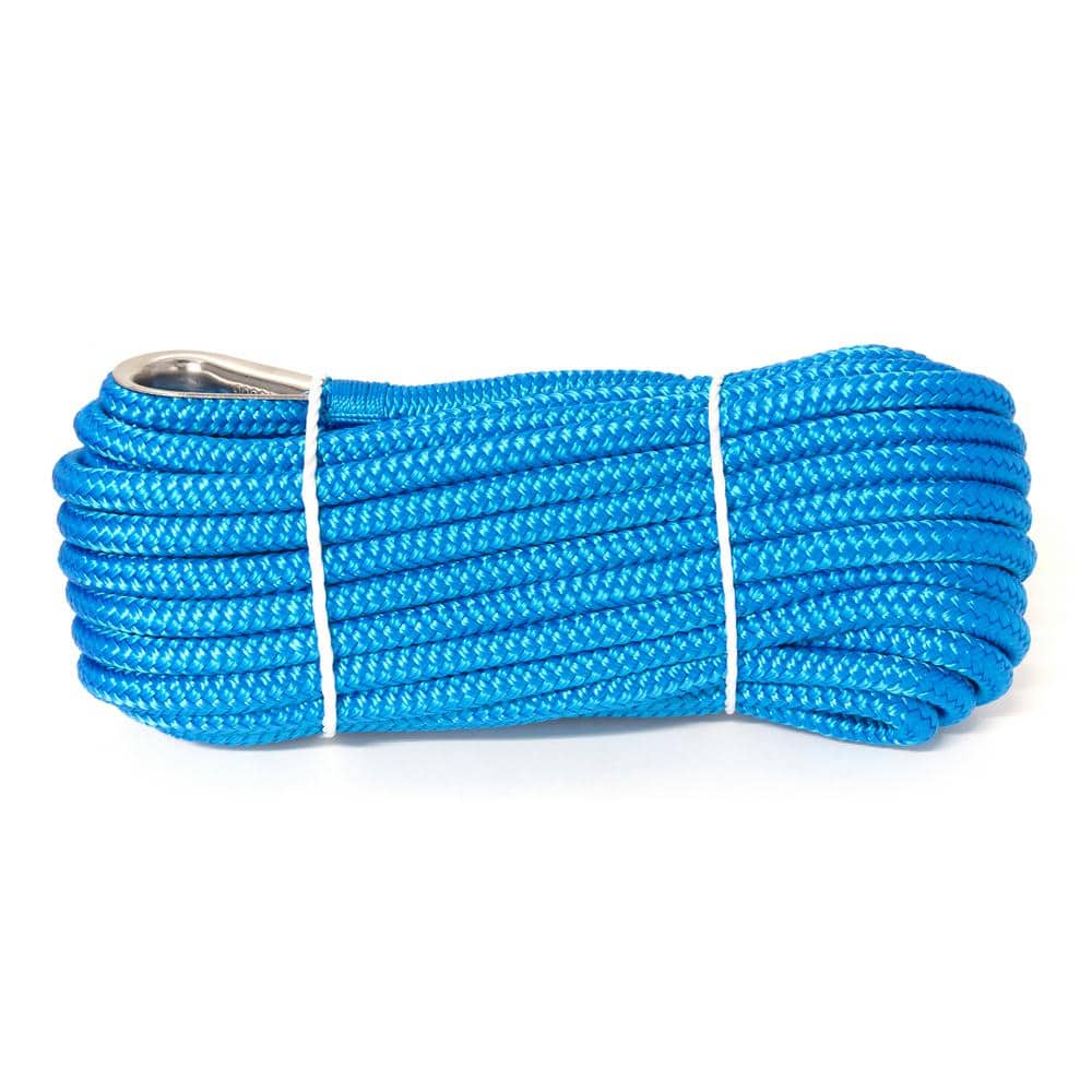 KingCord 3/8 in. x 50 ft. Nylon Double Braid Anchor Line Rope, Blue with Spliced 3/8 in. Stainless Steel Thimble (2)
