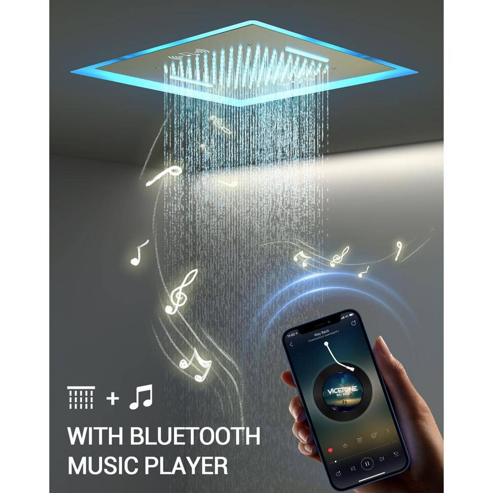 YAWWALK Thermostatic 15-Spray 20 in. Square LED Mood Lighting Bluetooth Music Shower System with Valve in Brushed Gold (3)