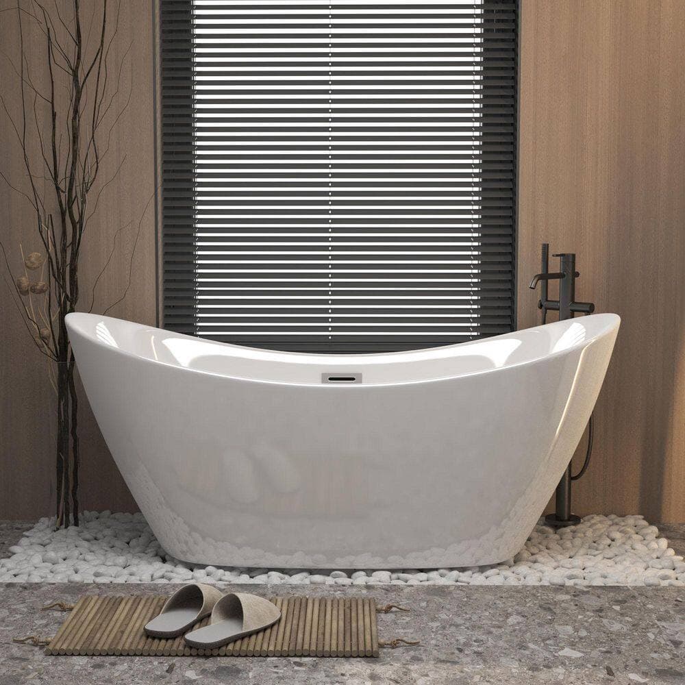 LIVACA 59.10 in. x 29.50 in. Flat Bottom Acrylic Freestanding Soaking Bathtub with Center Drain in Gloss White (2)