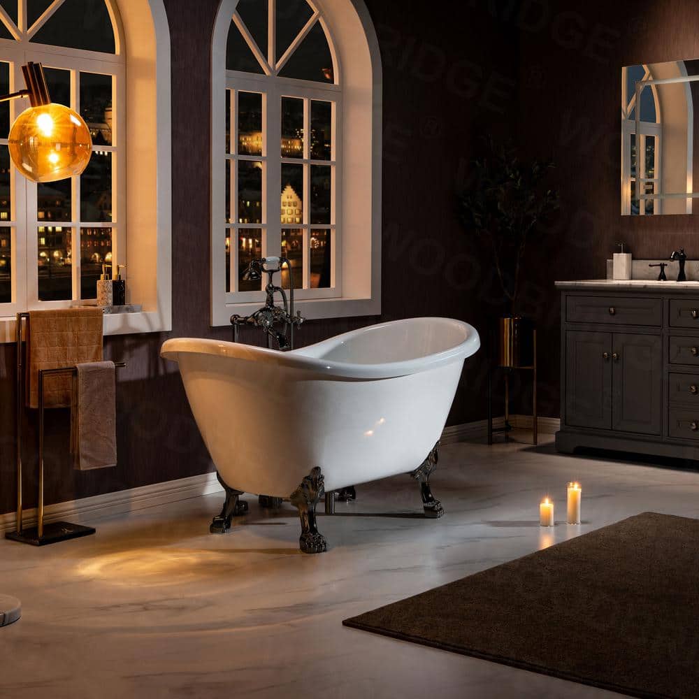 WOODBRIDGE Seattle 59 in. Heavy Duty Acrylic Slipper Clawfoot Bath Tub in White, Claw Feet, Drain & Overflow in Matte Black (2)