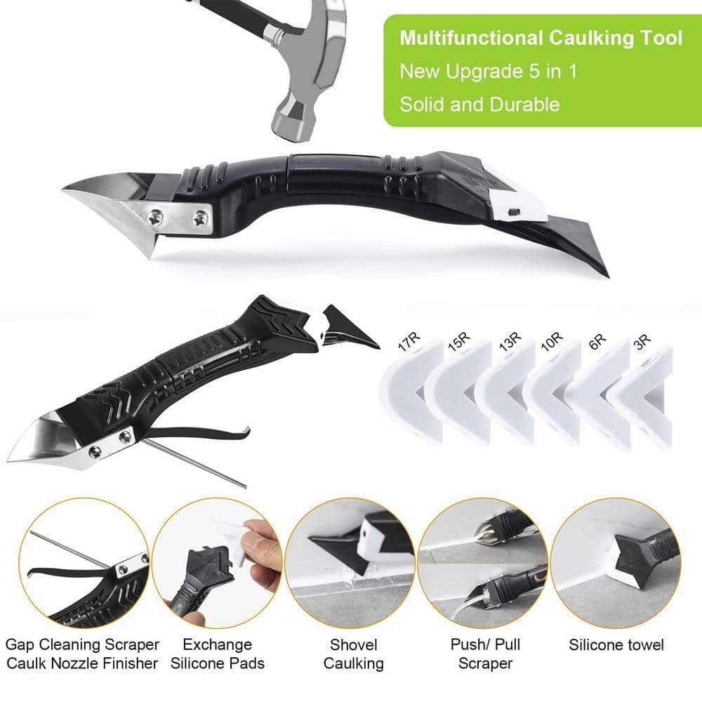 Angel Sar 5 in 1 Caulking Sealant Finishing Tool with Grout Scraper, Silicone Caulking Tool with 6 Exchange Silicone Pads (3)