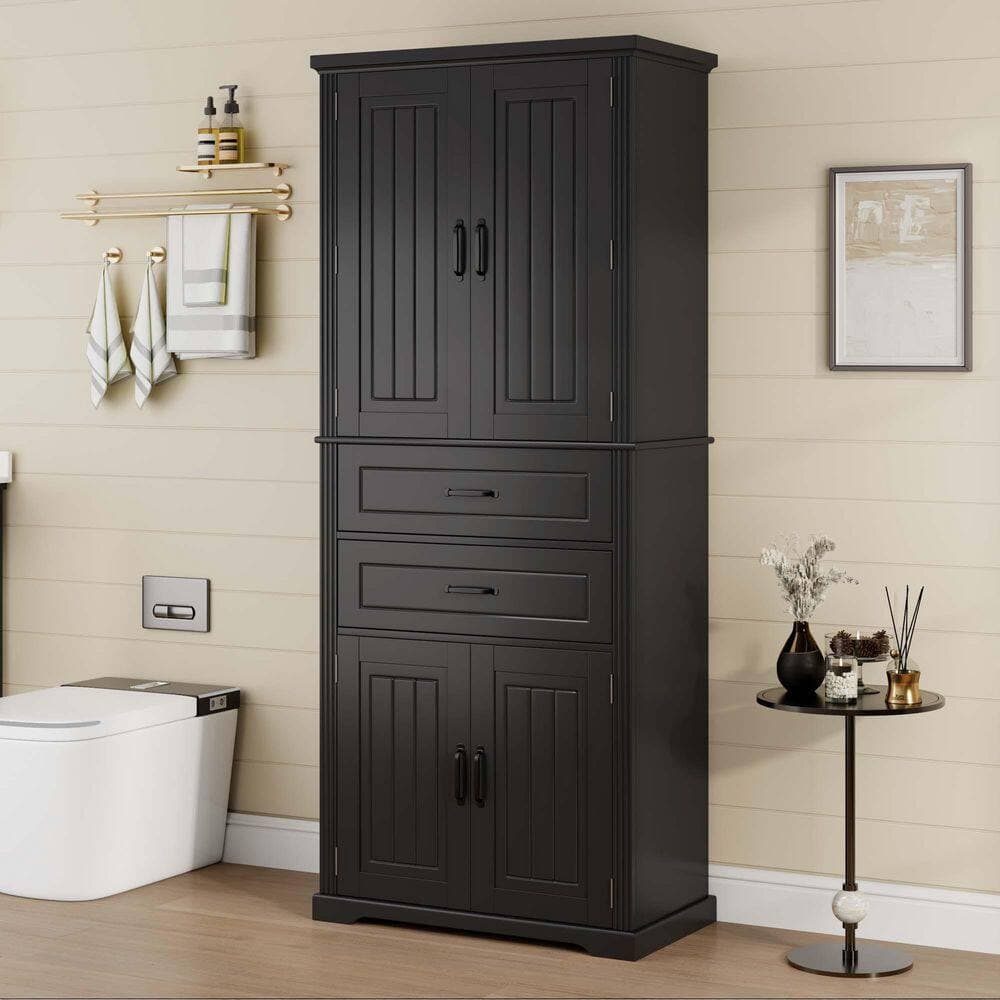 Unbranded 30 in. W x 15.75 in. D x 72.5 in. H Black Linen Cabinet with Slide Rails, Adjustable Shelf, 2 Drawers (2)