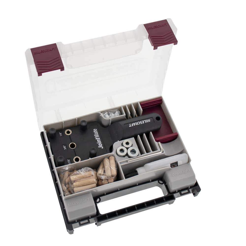 Milescraft Dowel Jig Kit 1/4 in. 5/16 in. 3/8 in. Complete Doweling Jig Kit Includes Dowel Pins, Drill Bits, Depth Stops, Glue (2)