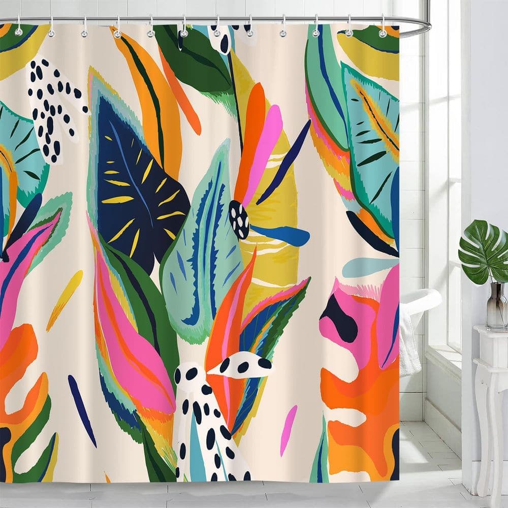 Anqtovp 72 in. W x 72 in. L Polyester Shower Curtain in Multicolor Abstract Floral Leaf Design Waterproof with 12 Hooks (2)