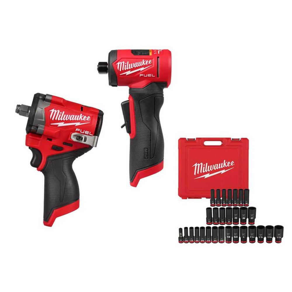 Milwaukee M12 FUEL 1/2 In. Stubby Impact Wrench with M12 FUEL Right Angle Die Grinder and 29Pc Impact Socket Set (1)