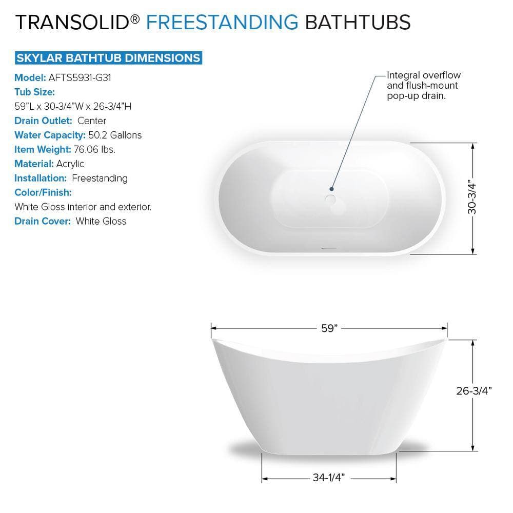 Transolid Skylar 59 in. x 30.75 in. Soaking Bathtub with Center Drain in Gloss White/Polished Chrome with Faucet and Pillow (3)
