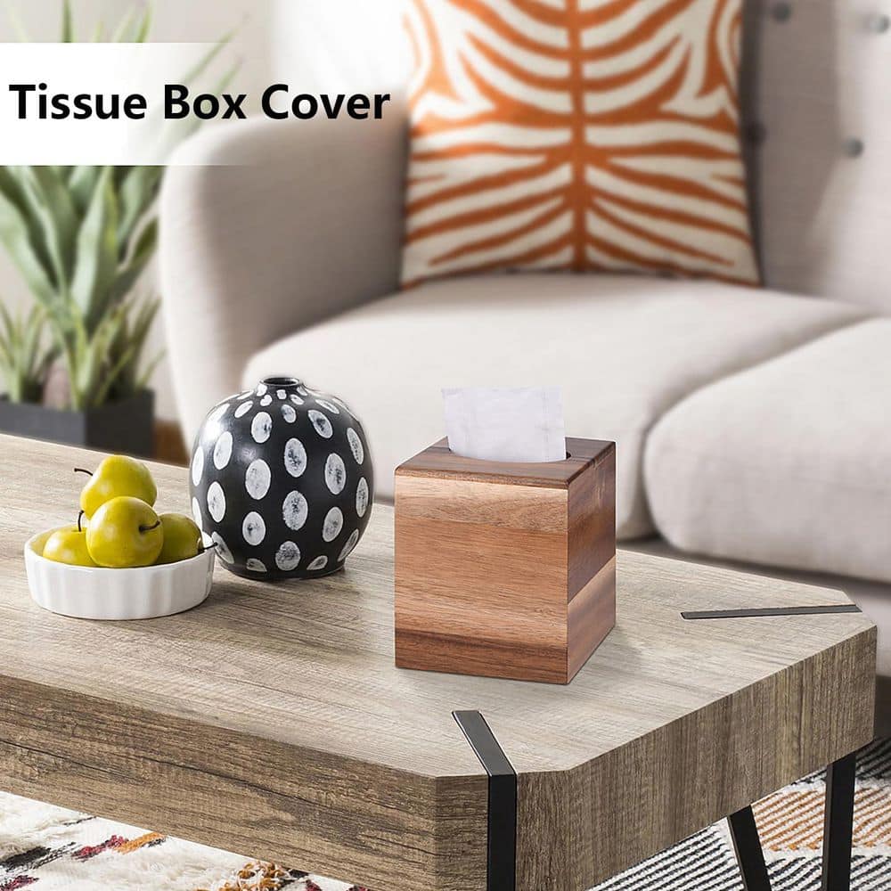 KHKFY Square Acacia Wood Tissue Box Cover with Slide Out Bottom 5.5 x 5.5 x 6.3 in. for Bathroom Kitchen Office (2)