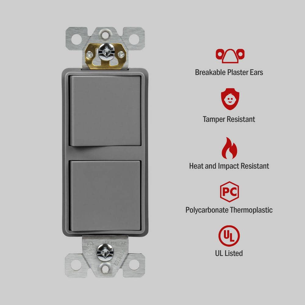 ENERLITES 15A 120V-277VAC Double Paddle Rocker Decorator Light Switch, Single Pole, Residential/Commercial Grade in Gray (3-Pack) (2)