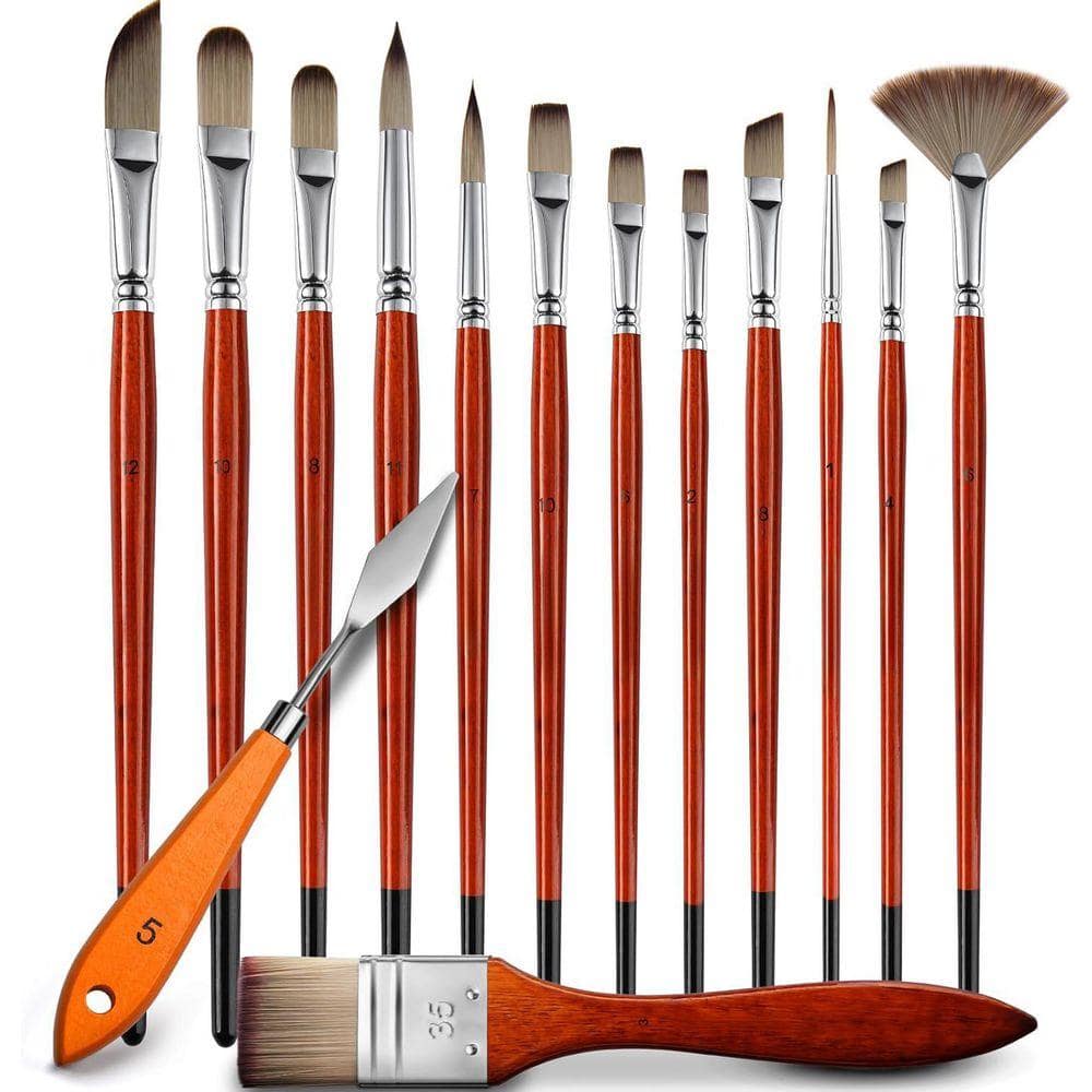 KIWDZFU 14-Pcs Acrylic Paint Brushes Set with Palette Knife - Professional Synthetic Bristles for Oil and Acrylic Painting (1)