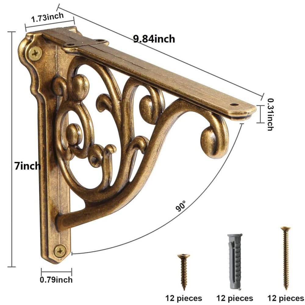 NVNOO 10 in. Antique Brass Vintage Metal Shelf Bracket Victorian Wall Bracket, Antique Brass (4-Pack) (2)