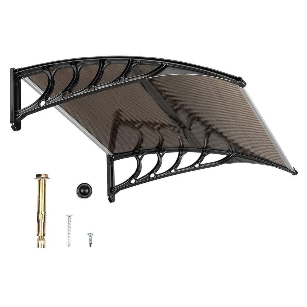 Numhew Black Frame Brown Polycarbonate 39.8 x 35.4 in. Front Door Window Awning Canopy, Rain and UV Protection Patio Shelter (1)