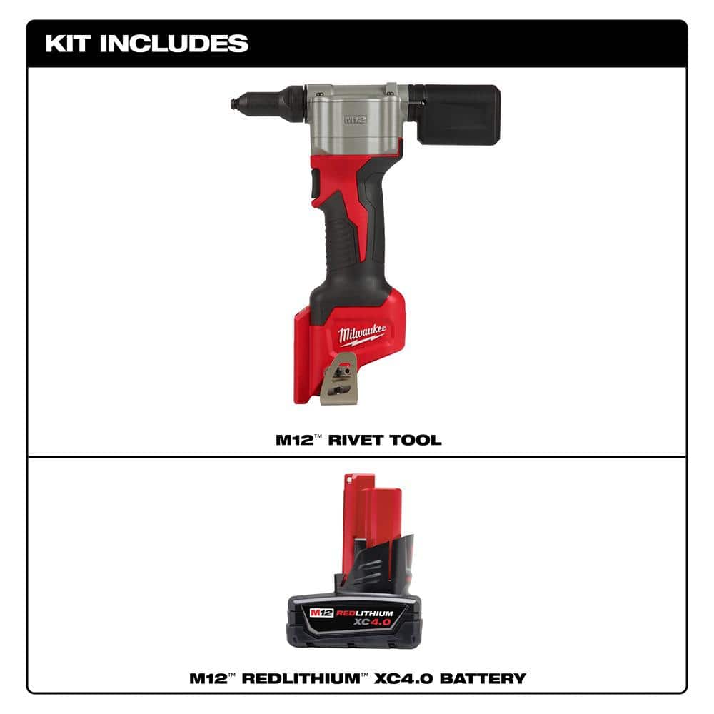 Milwaukee M12 12V Lithium-Ion Cordless Rivet Tool with M12 XC 4.0 Ah Battery Pack (2)