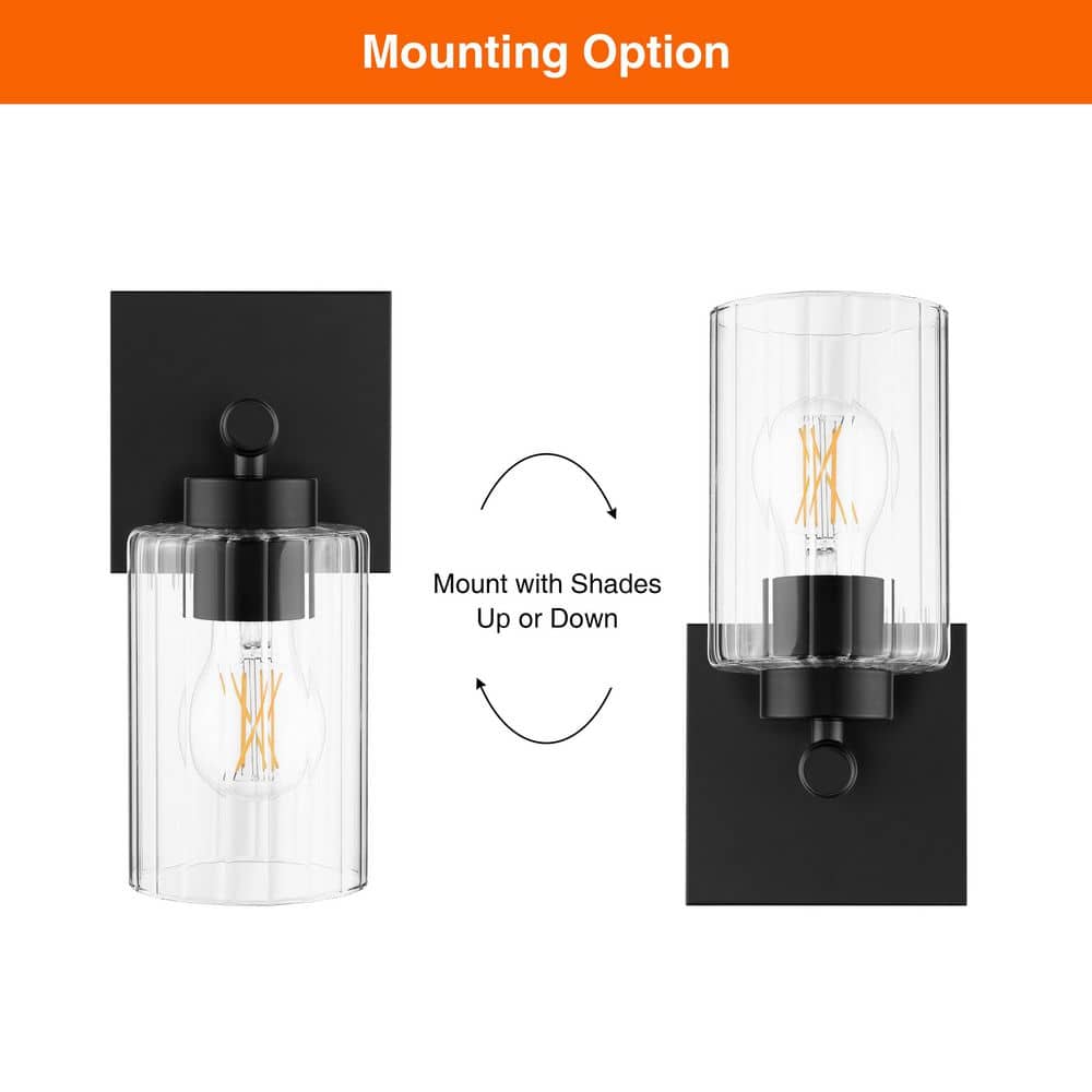 Hampton Bay Breward 5 in. 1-Light Matte Black Wall Sconce with Clear Ribbed Glass Shade (4)
