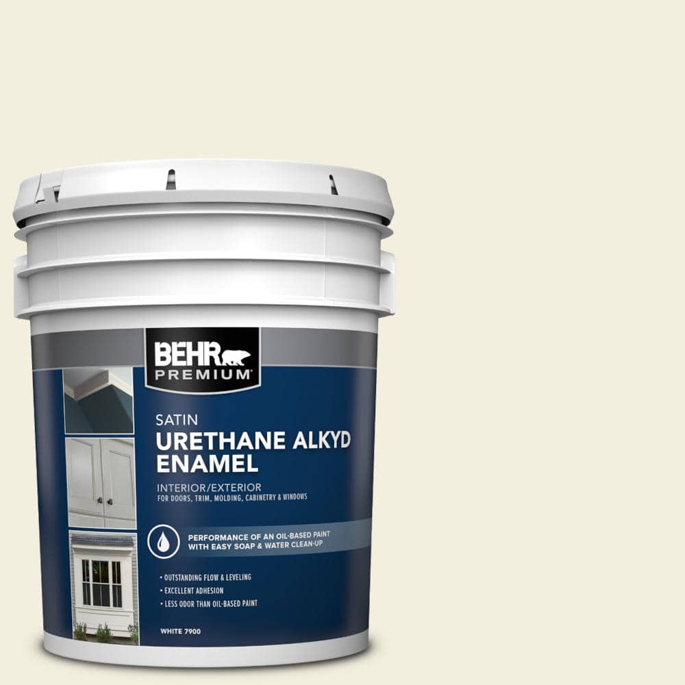 BEHR PREMIUM 5 gal. #GR-W01 White Wool Urethane Alkyd Satin Enamel Interior/Exterior Paint (1)
