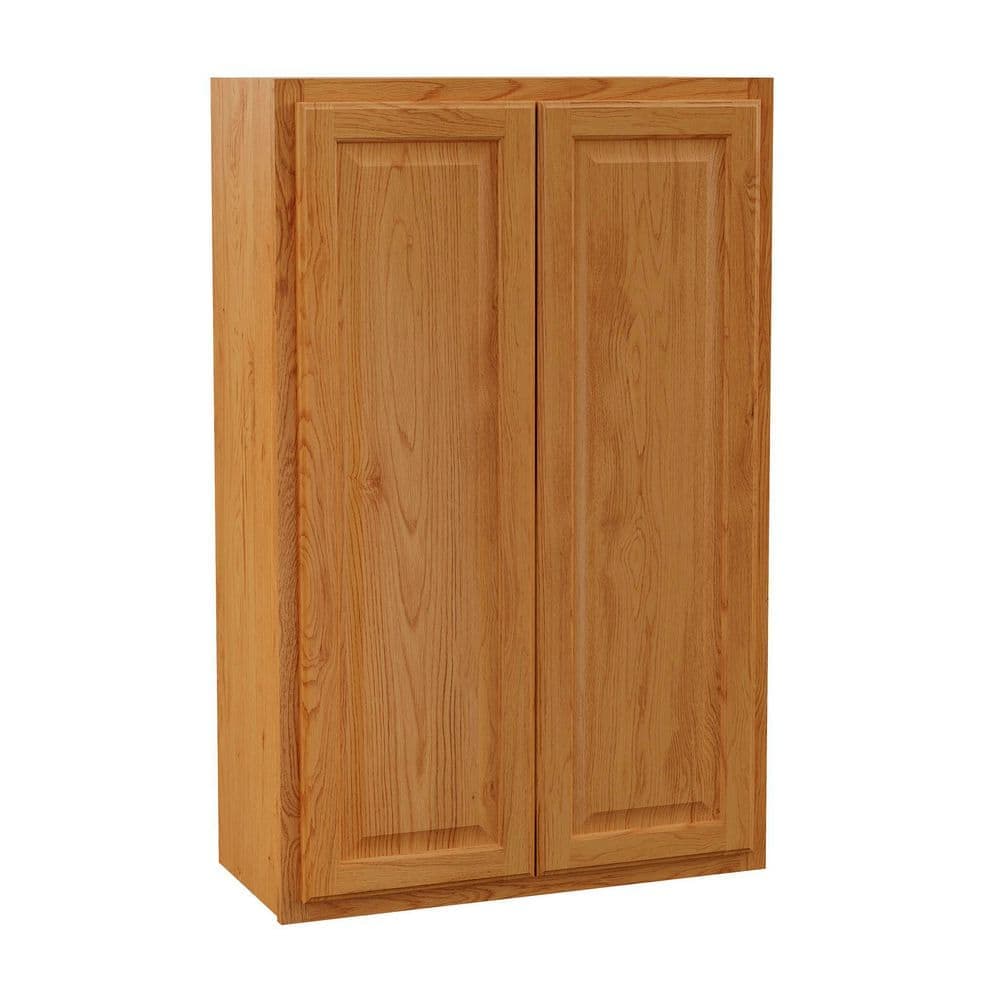 Hampton Bay Hampton 27 in. W x 12 in. D x 42 in. H Assembled Wall Kitchen Cabinet in Medium Oak