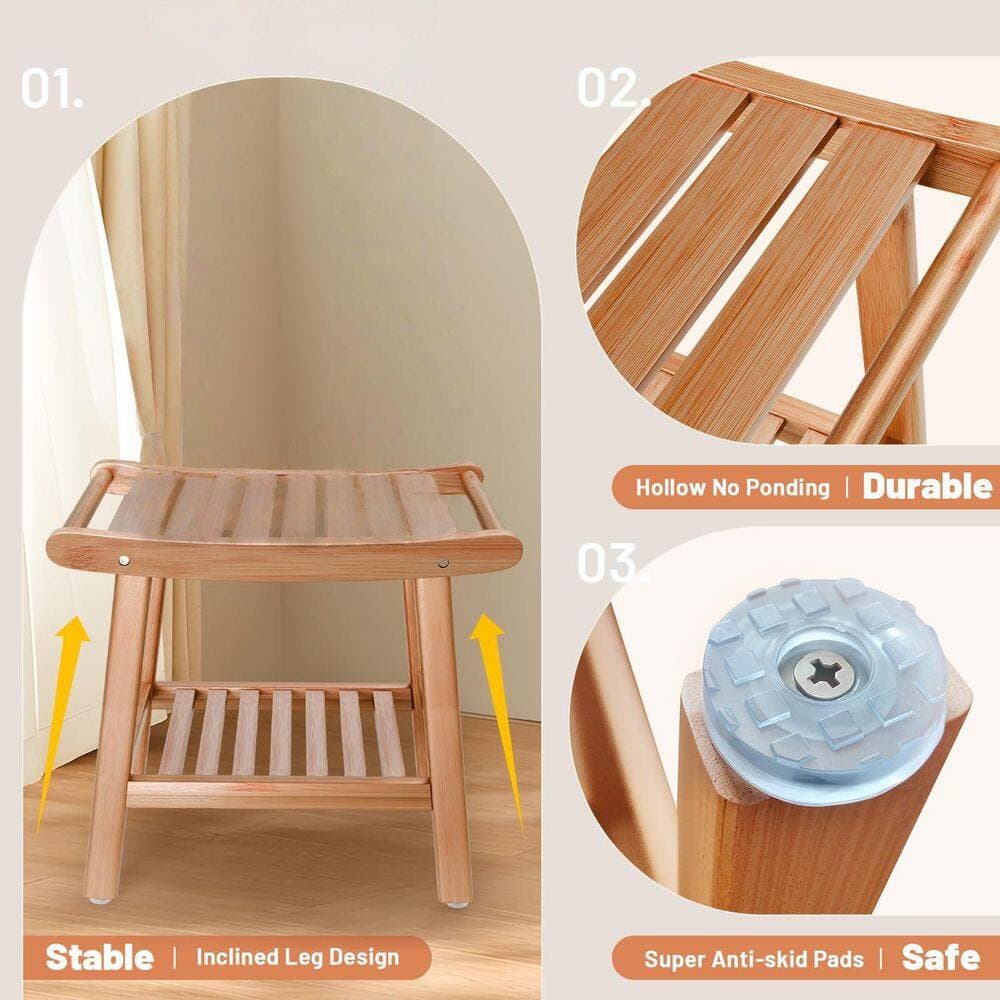 Numhew 17 in. W Double‑Layer Waterproof Storage‑Shelf Bamboo Shower Seat in Natural Wood Tone for Spa Elderly Shower Use (3)