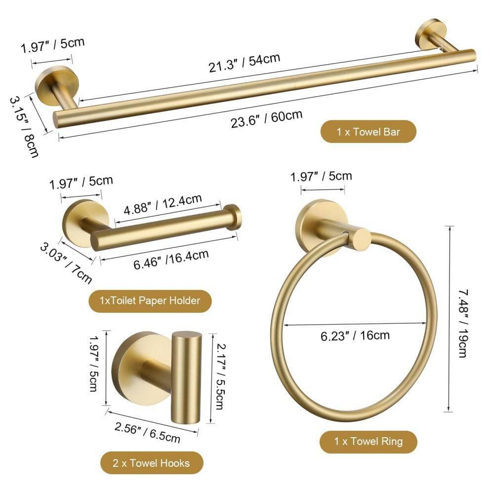 Numhew 5-Piece Wall-Mounted Bathroom Hardware Set, Stainless Steel Bath Towel Bar Set, Shape of Round, Gold (2)