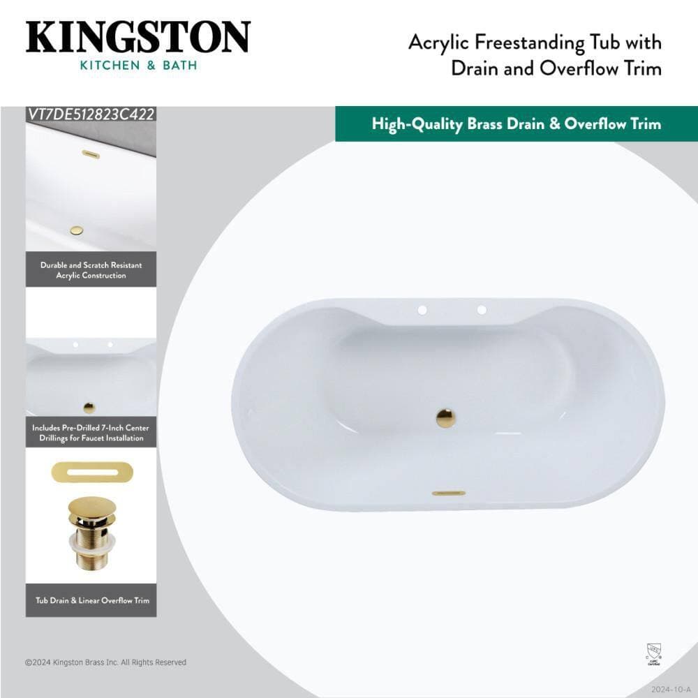 Kingston Brass Aqua Eden 51 in. x 27.4 in. Acrylic Flatbottom Soaking Freestanding Bathtub in Glossy White/Antique Brass with Drain (3)