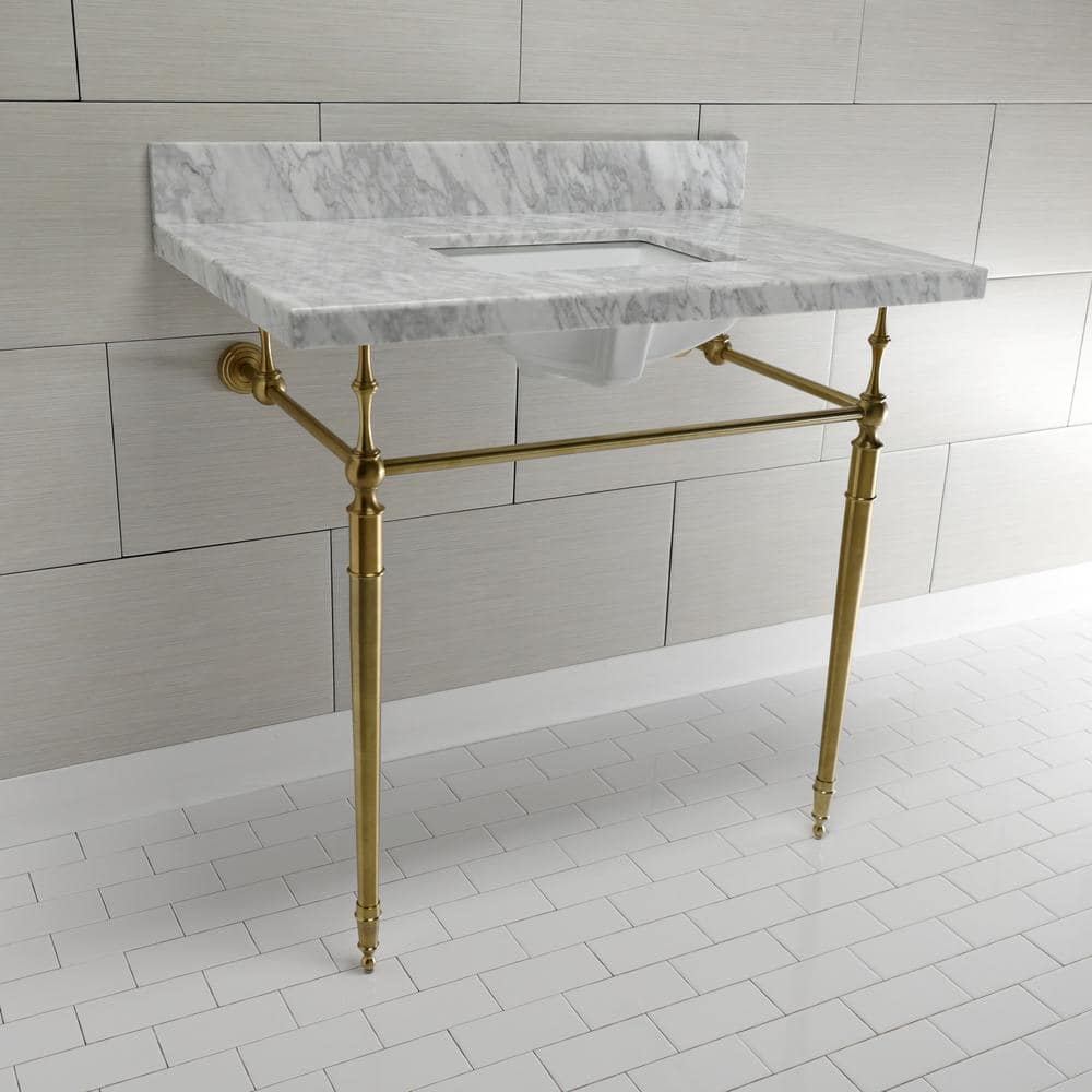 Kingston Brass Edwardian Marble White Console Sink Basin and Leg Combo in Brushed Brass (2)