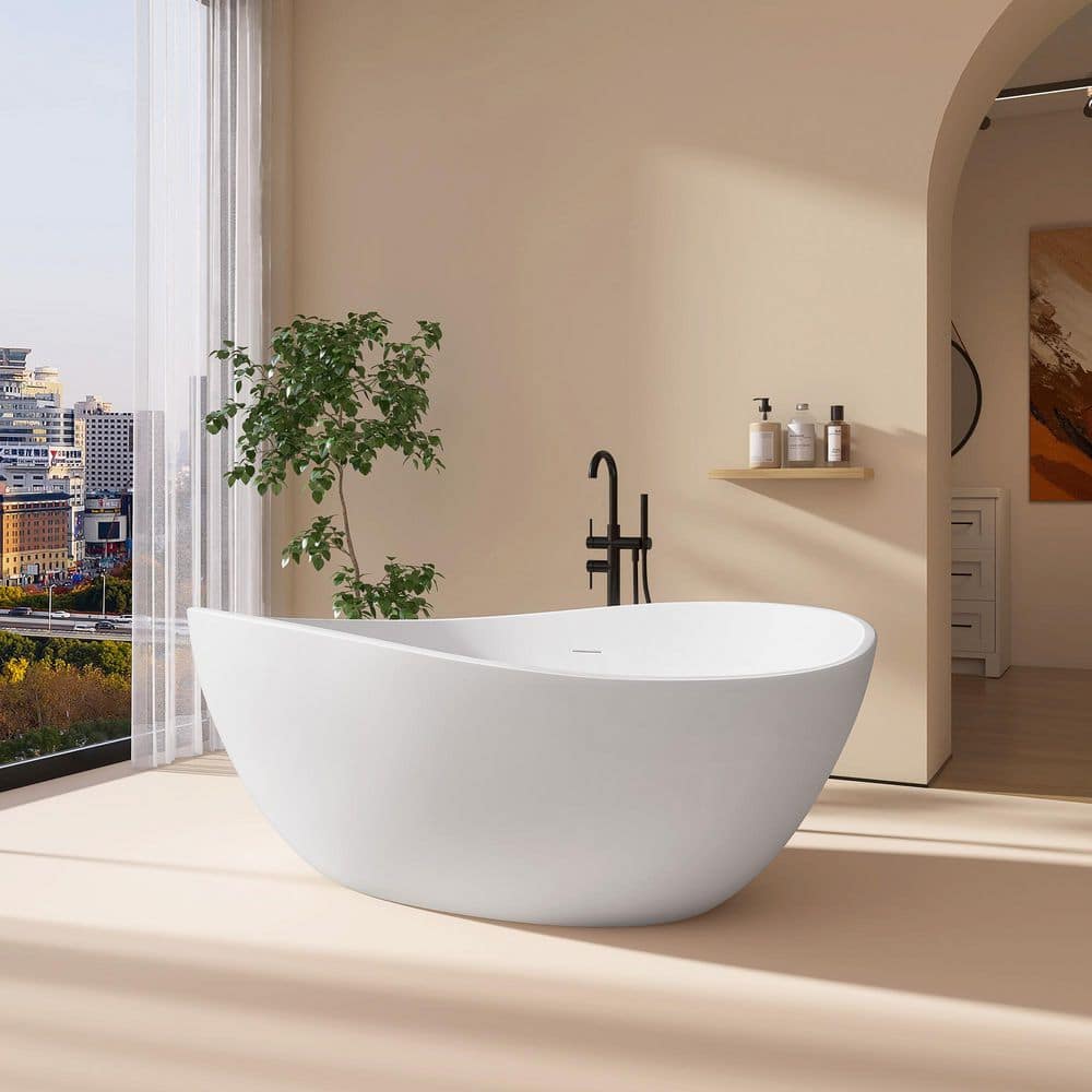 Zeafive Dow 63 in. x 37.4 in. Solid Surface Stone Resin Flatbottom Freestanding Soaking Bathtub with Center Drain in Matte White (1)