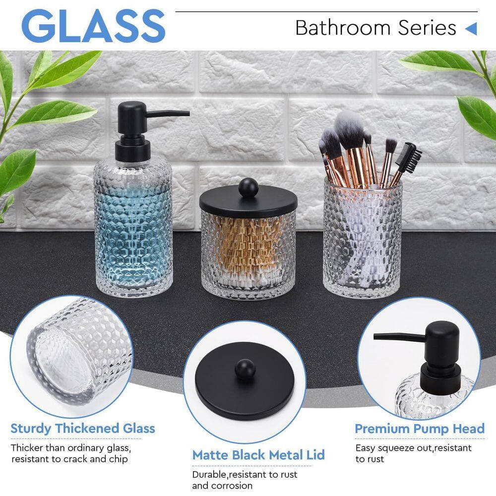 Numhew 4-Piece Bath Accessory Set with Lotion Soap Dispenser, Toothbrush Holder, Qtip Holder Dispenser and Tray in Clear Glass (3)