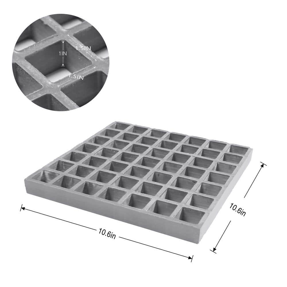 Wellco Fiberglass Molded Grating Composite for Floors Outdoor Drain Cover, 1.5 x 1.5 x 1 in., 10.6 x 10.6 in., Gray, Gritted (3)