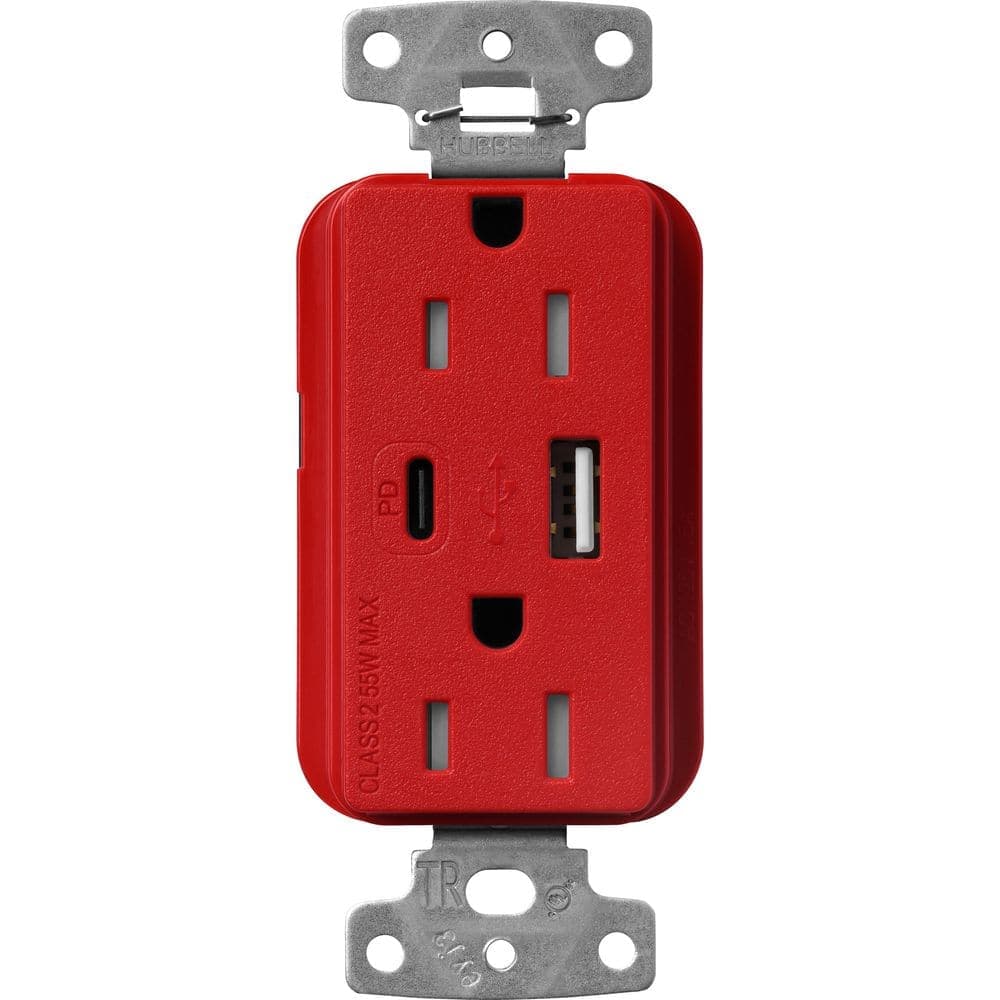 Lutron Claro 15 Amp Tamper Resistant USB Type A/C Duplex Receptacle, Decorator Style Outlet, Satin Finish, SCR-15-ACTR-SR, Red (1)