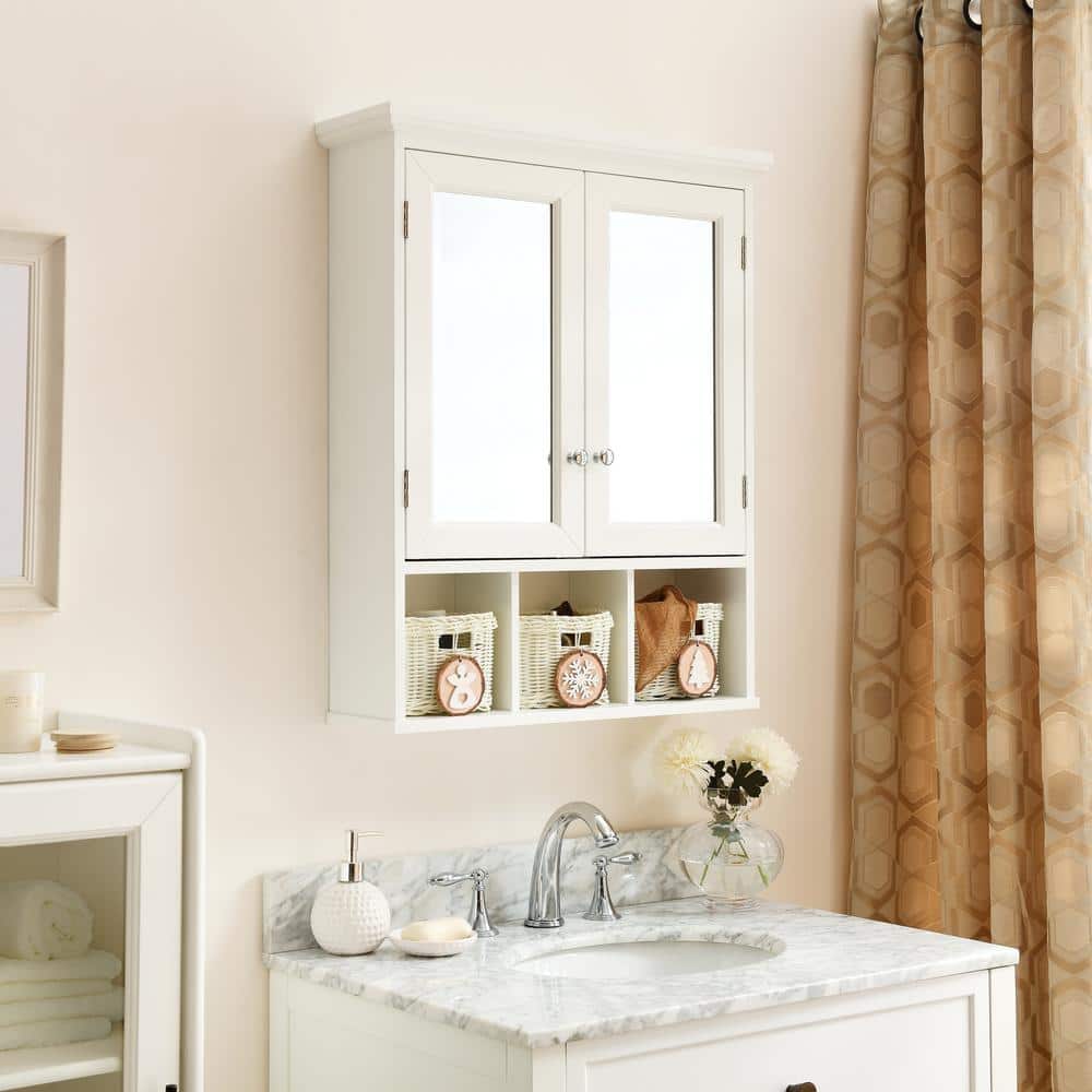 Unbranded 24.75 in. W x 7.5 in. D x 30.25 in. H Bathroom Storage Wall Cabinet in White with 3 Storage Basket, Mirror, Doors, Shelf (3)