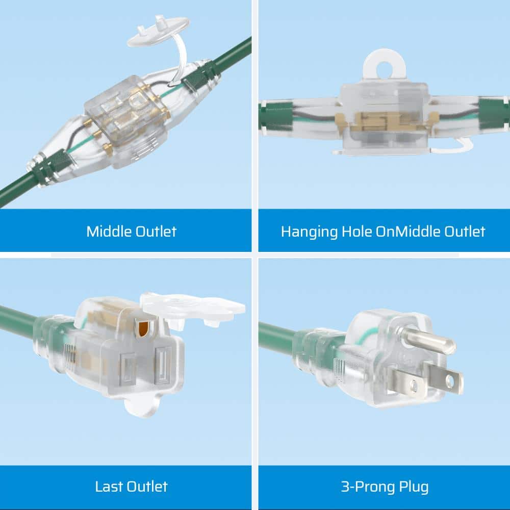 DEWENWILS 25ft (9+8+8) 16/3 Outdoor Weatherproof SJTW Extension Cord, Grounded with Safety Caps & Hanging Hole for Holiday Lights (2)