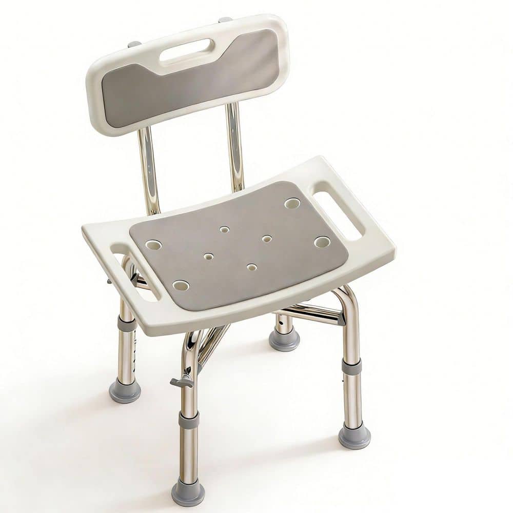 Wudkey White Aluminum Shower Chair with Back for Elderly and Disabled, Shower Bench Stool, Adjustable Height, 350 lbs. Capacity (1)