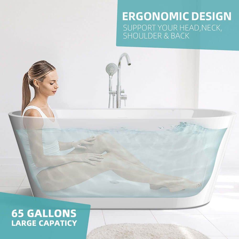 Getpro 63 in. x 29.5 in. Freestanding Soaking Bathtub with Center Chrome Drain Flat Bottom Free Standing Acrylic Tub in White (2)