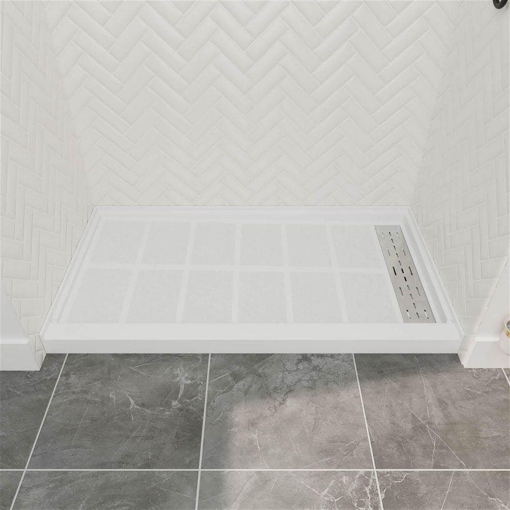 GIVING TREE 60 in. L x 34 in. W Solid Surface Alcove Shower Pan Base in White with Right Drain and Brushed Nickel Drain Cover (1)