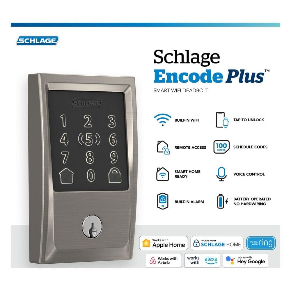 Schlage Century Satin Nickel Electronic Encode Plus Smart WiFi Deadbolt with Alarm (4)