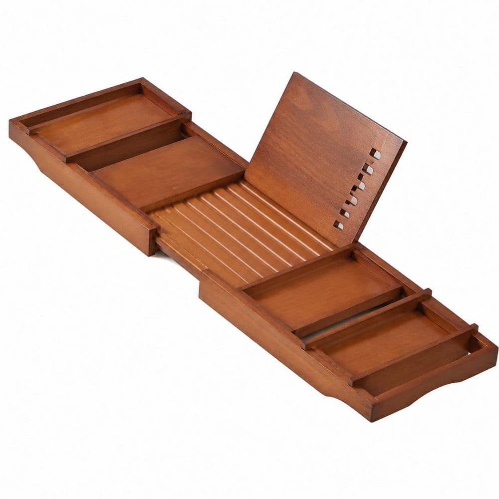 KHKFY Expandable Bamboo Bathtub Caddy Tray with Adjustable Book Stand, Soap Holder, Anti-Slip Pads Extending