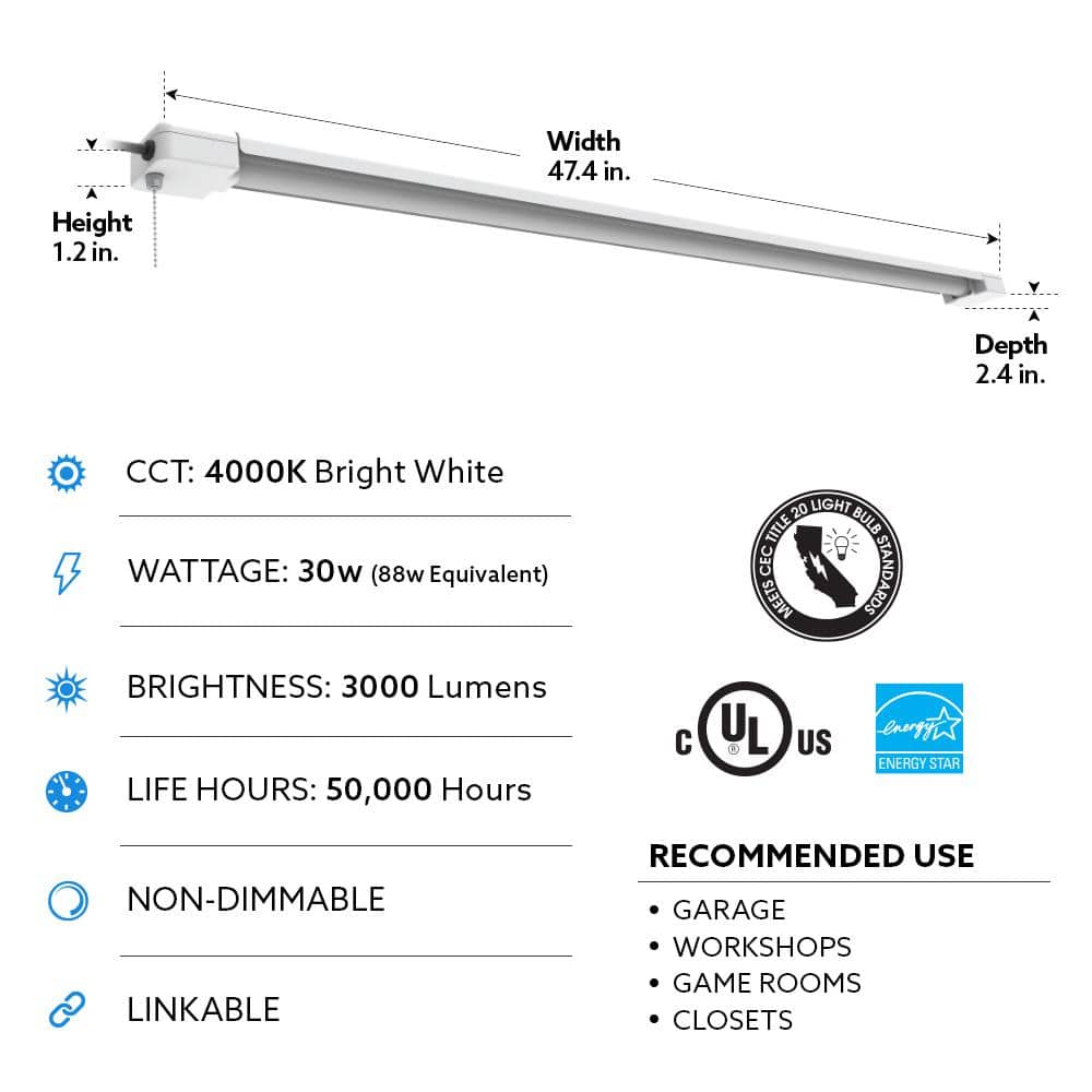Commercial Electric 4 ft. 30-Watt 4000K Bright White 1-Light White Integrated LED Linkable Hanging Shop Light Fixture with Pull Chain (4)