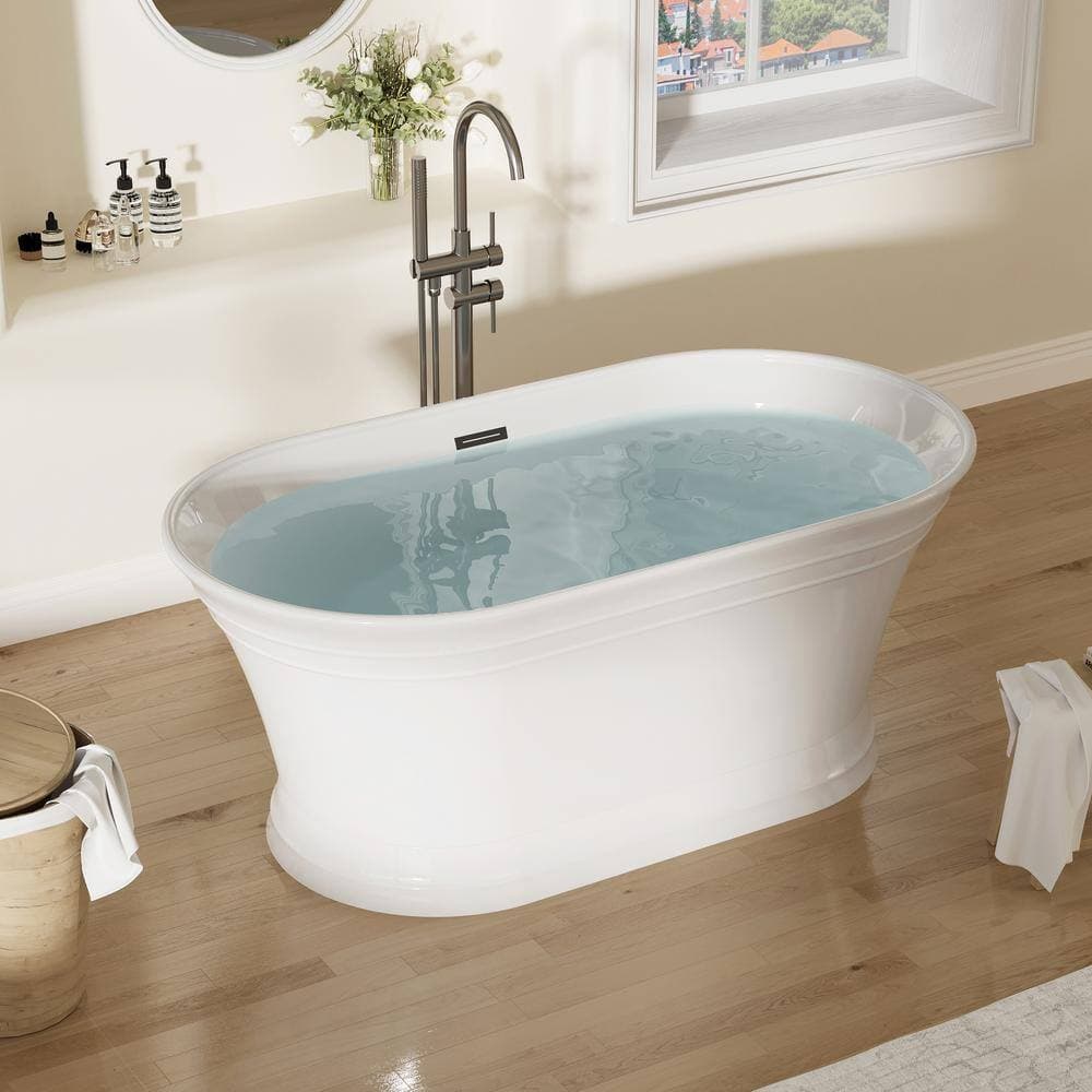 FORCLOVER 59 in. x 31 in. Freestanding Soaking Bathtub with Center Drain and Groove overflow in White/Polished Chrome (2)