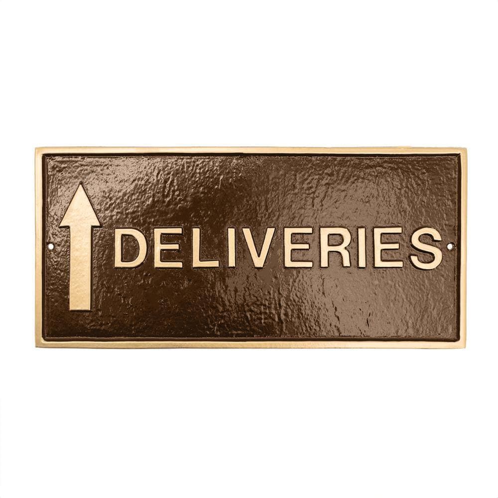 Montague Metal Products 10" x 21" Deliveries with Up Arrow Large Rectangle Statement Plaque with Lawn Stakes - Oil Rubbed/Gold (2)