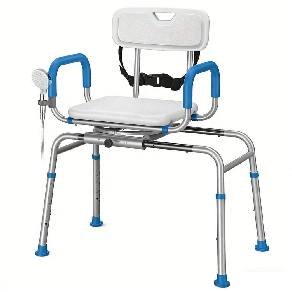 Wudkey Freestanding Sliding Shower Chair in White and Blue, with Swivel Seat and Pivoting Arms, Height Adjustable, 350 lbs. (1)