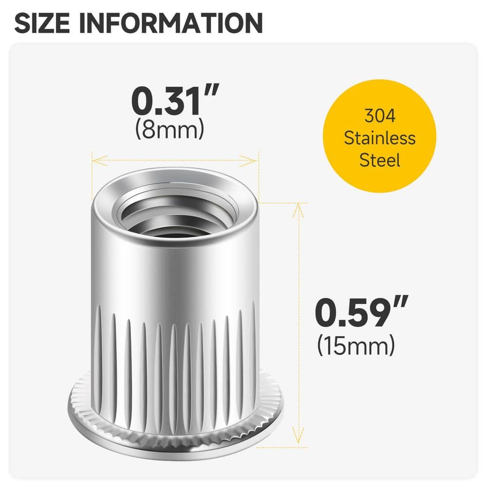 MYWISH 100-Piece 1/4''-20 Rivet Nuts, 304 Stainless Steel Flat Head Rivnut Threaded Insert Nut Knurled Body (3)