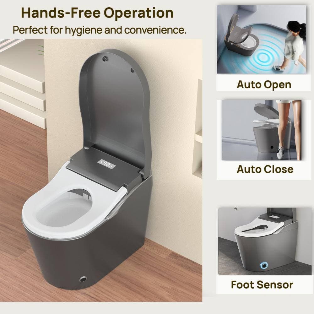 Kahomvis 1-piece 1.28 GPF Single Flush Elongated Smart Toilet in Gray Auto Open/Close Seat Included (2)