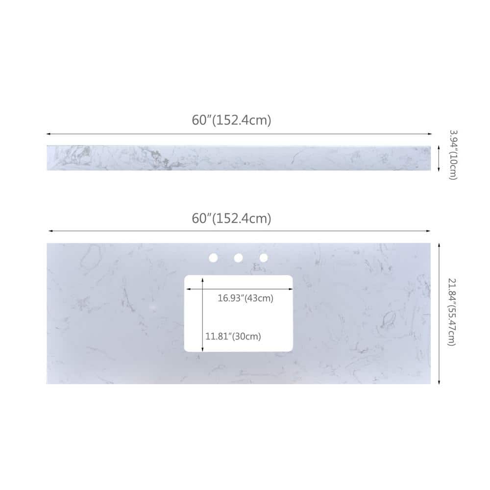 YASINU 60 in. W 22 in. D Engineered stone composite Vanity Top White with White Rectangular Single Sink (3)