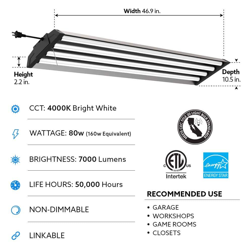 Commercial Electric 4 ft. 80-Watt 4000K Bright White 4-Light 7000 Lumens Gray Integrated LED Linkable Hanging Shop Light with Pull Chain (4)